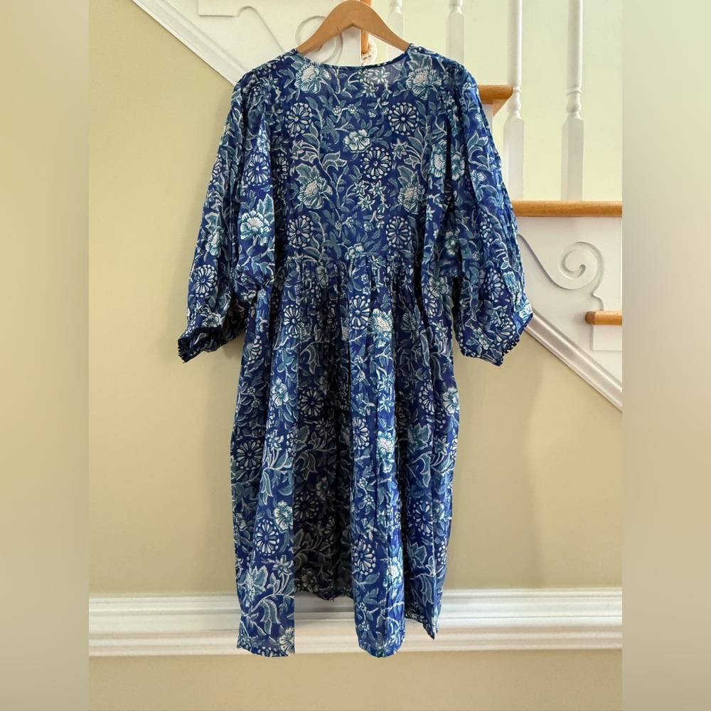 Blue Floral 3/4 Sleeve Dress 100% Cotton - Picture 8 of 13